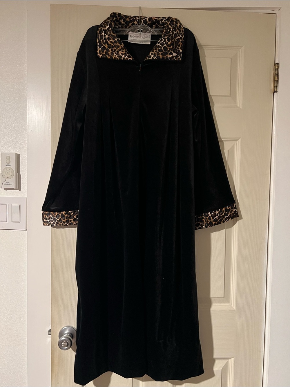 Black Velvet Long Robe with Leopard Trim